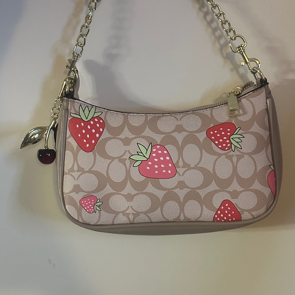 Coach Tan and Pink Strawberry Shoulder Bag - Picture 2 of 2